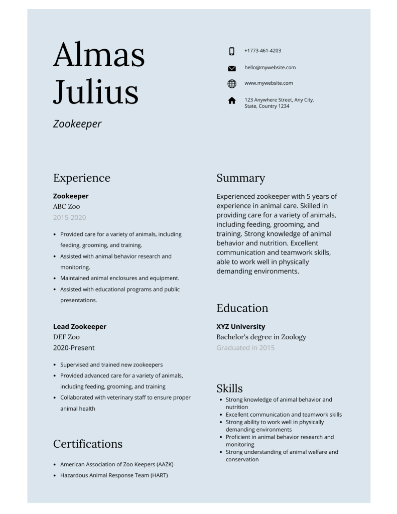 zookeeper resume template
