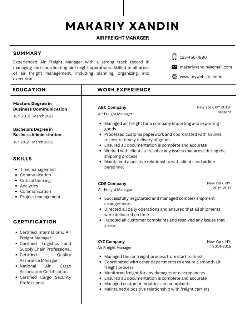 air freight manager resume template