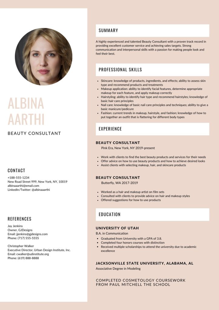 beauty consultant resume template