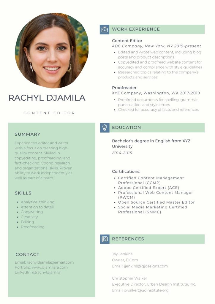 content editor resume template