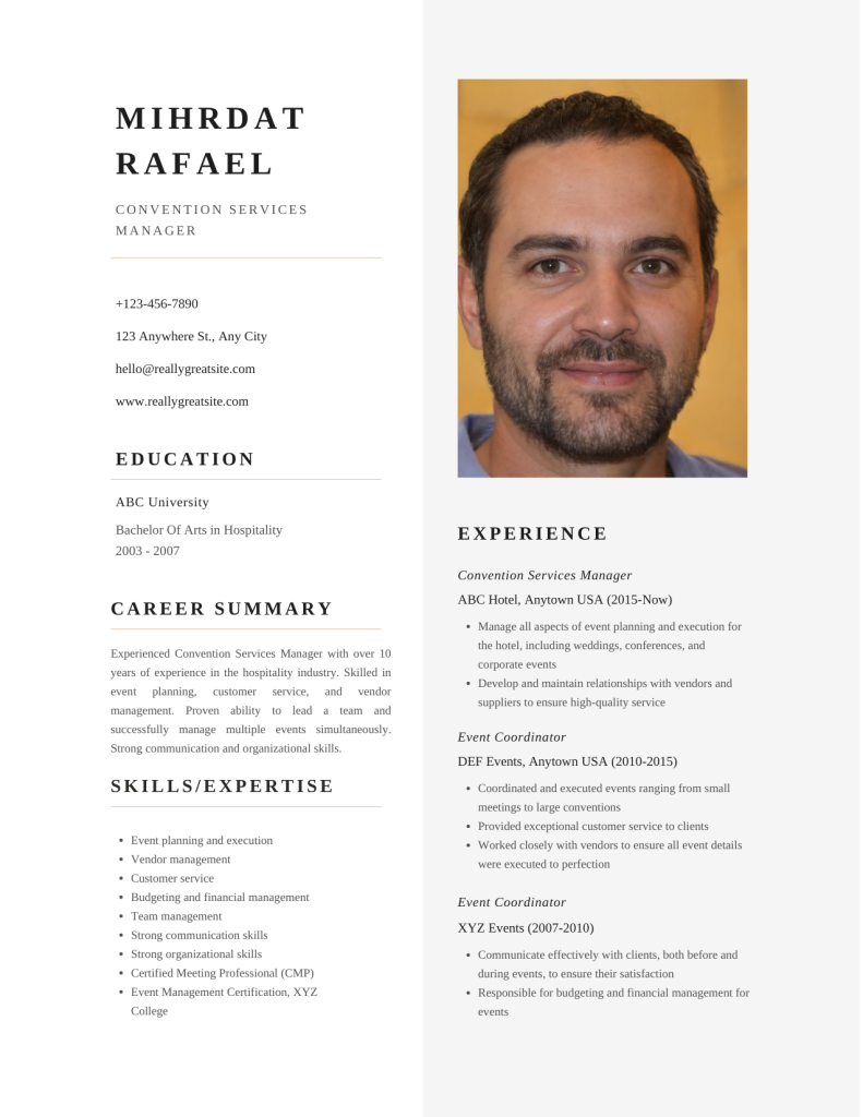 convention services manager resume template