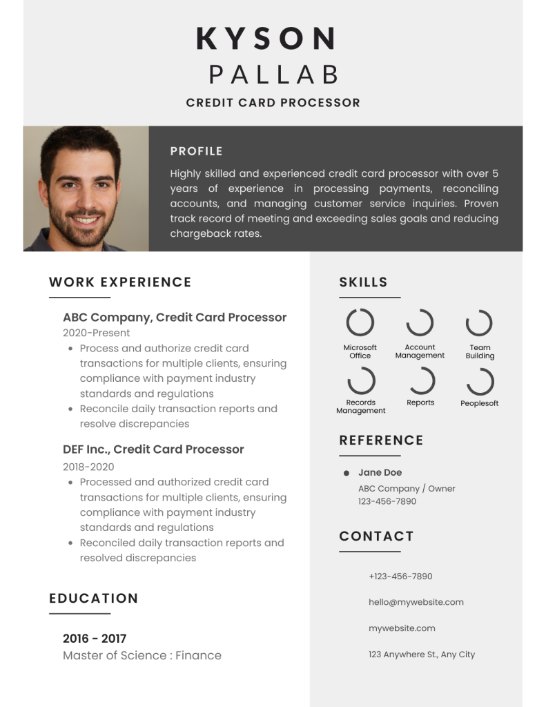 credit card processor resume template