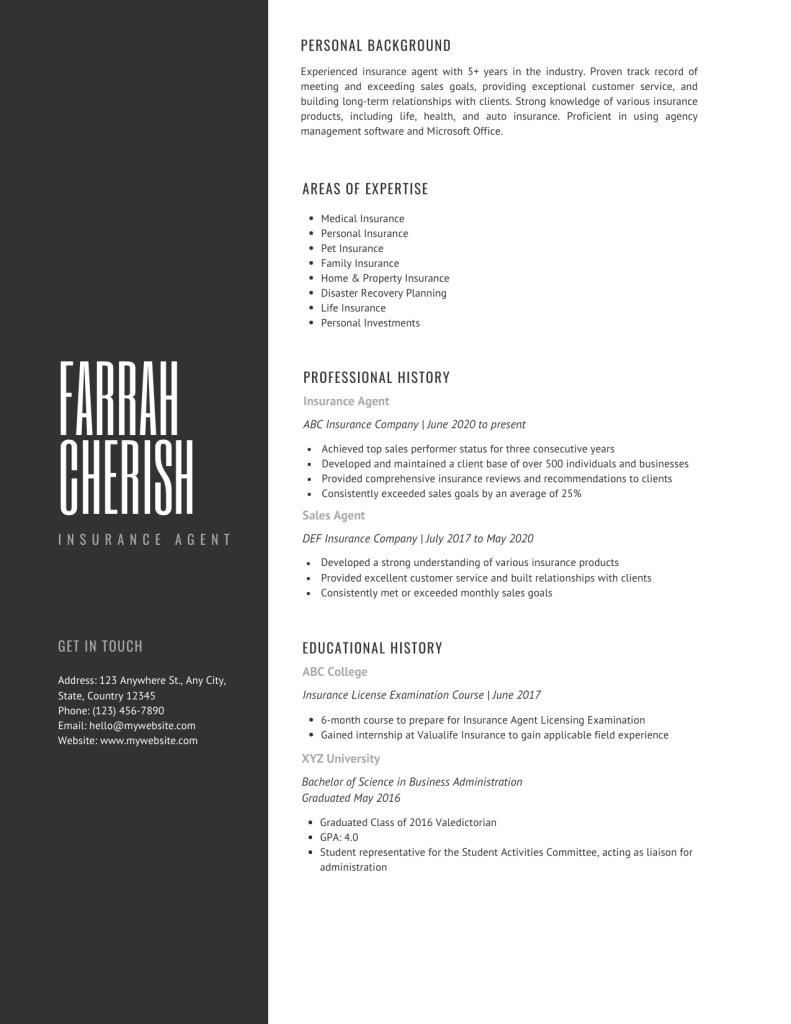 insurance agent resume template