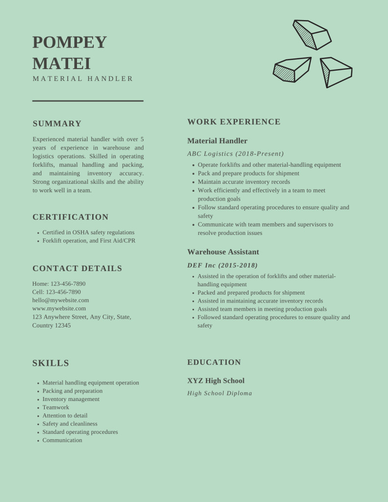 material handler resume template