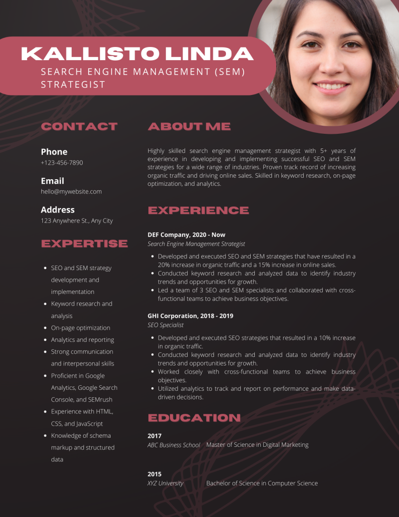 search engine management strategist resume template