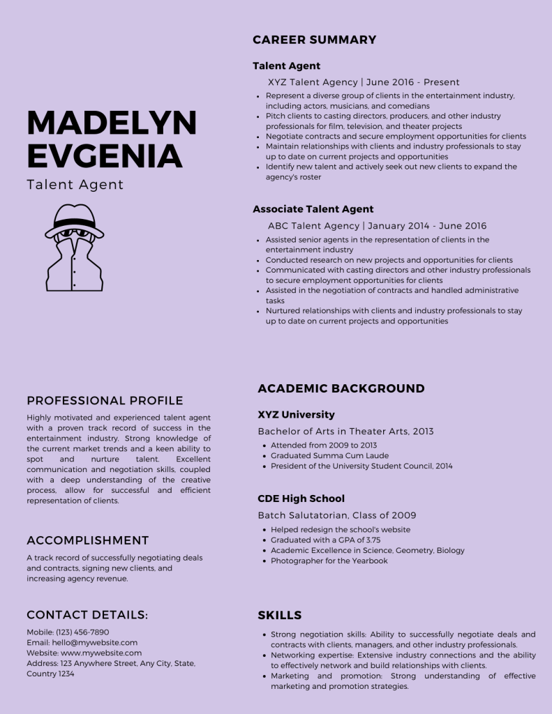 talent agent resume template